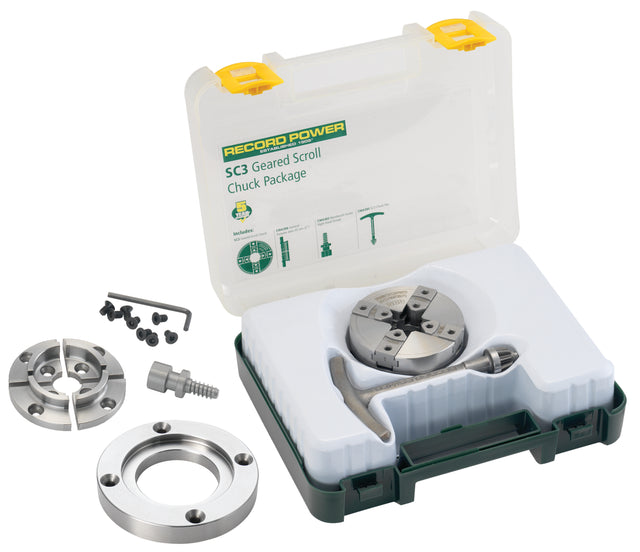 Mandrino Record Power SC3 con attacco 3/4” x 16 TPI, completo di ganasce standard da 50 mm, flangia da 3,5” e vite per legno per tornitura precisa e sicura.