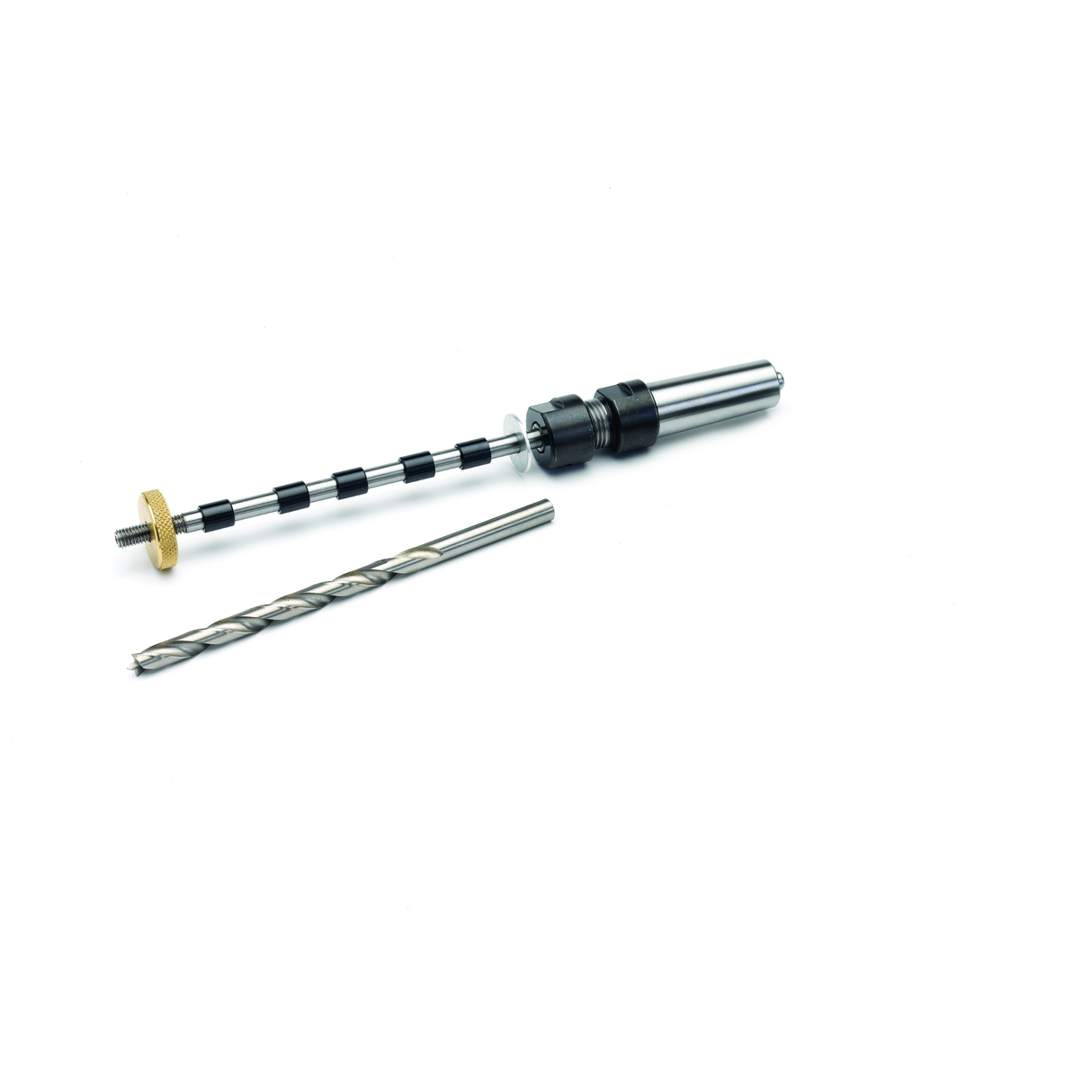 Mandrino universale per tornitura di penne con cono Morse 2, completo di punta da 7 mm e boccole PBS1 per lavorazioni precise.