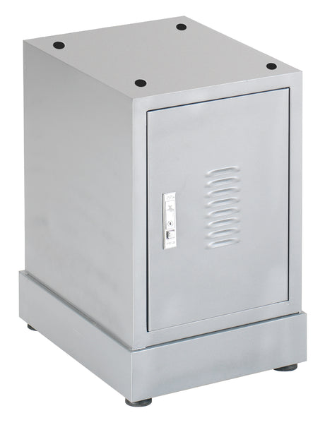 Il mobiletto Record Power FM25/A è mostrato in struttura metallica verniciata con porta frontale dotata di serratura. Il ripiano interno è visibile all’apertura e la superficie superiore supporta macchine da banco come mortasatrici, seghe a nastro o trapani, evidenziando robustezza e stabilità.