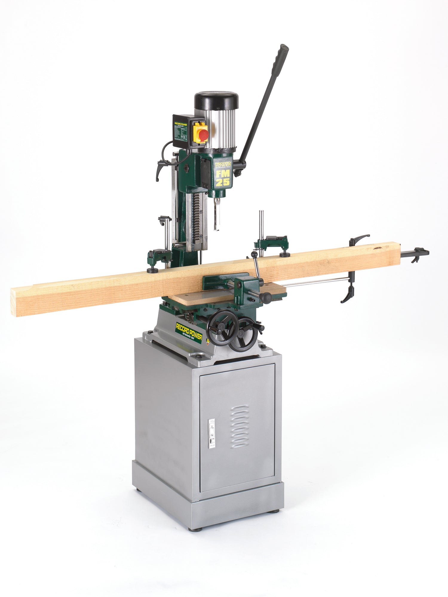 Vista della mortasatrice da banco Record Power FM25 con struttura in ghisa, tavola scorrevole su cremagliera, morsa rapida e motore a induzione da 1 HP.