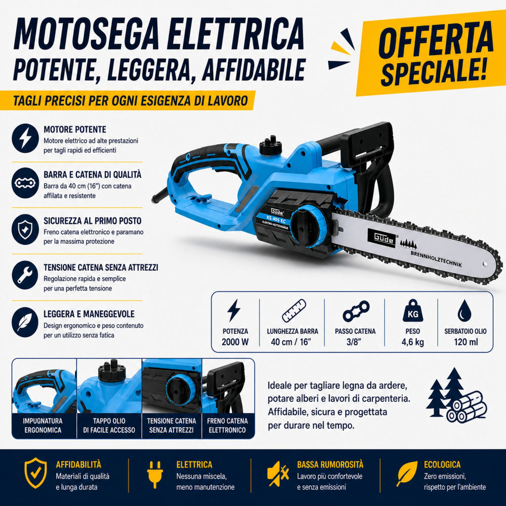 Motosega elettrica Güde KS 405 EC da 2400W, leggera e potente, ideale per taglio di legna, potatura e lavori domestici con elevata efficienza e facilità d’uso.