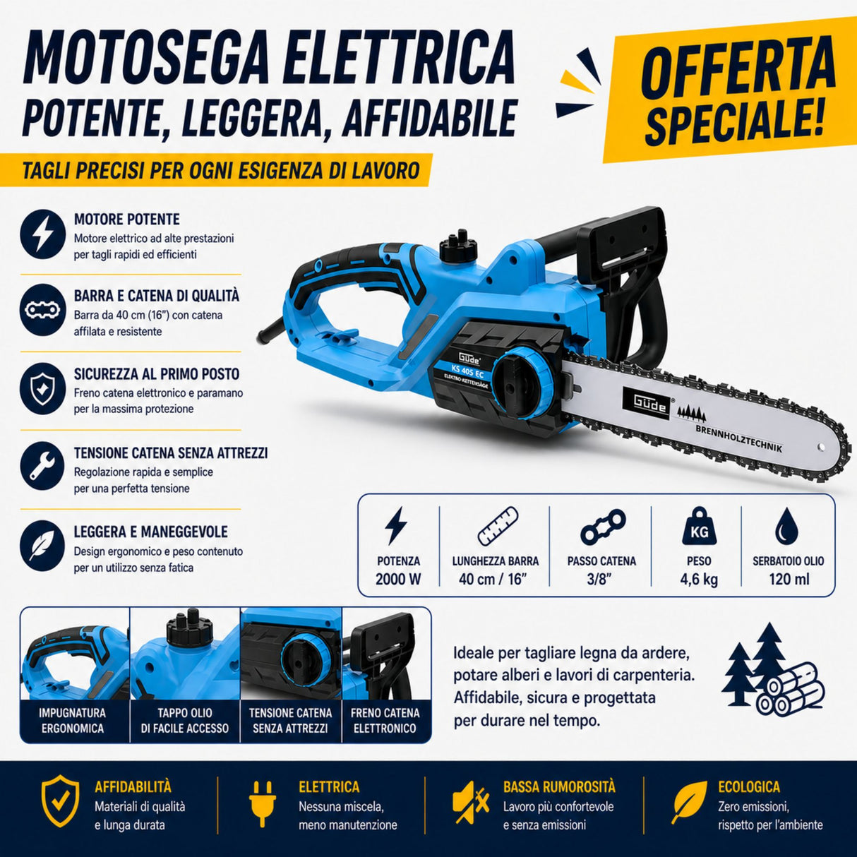 Motosega elettrica Güde KS 405 EC da 2400W, leggera e potente, ideale per taglio di legna, potatura e lavori domestici con elevata efficienza e facilità d’uso.