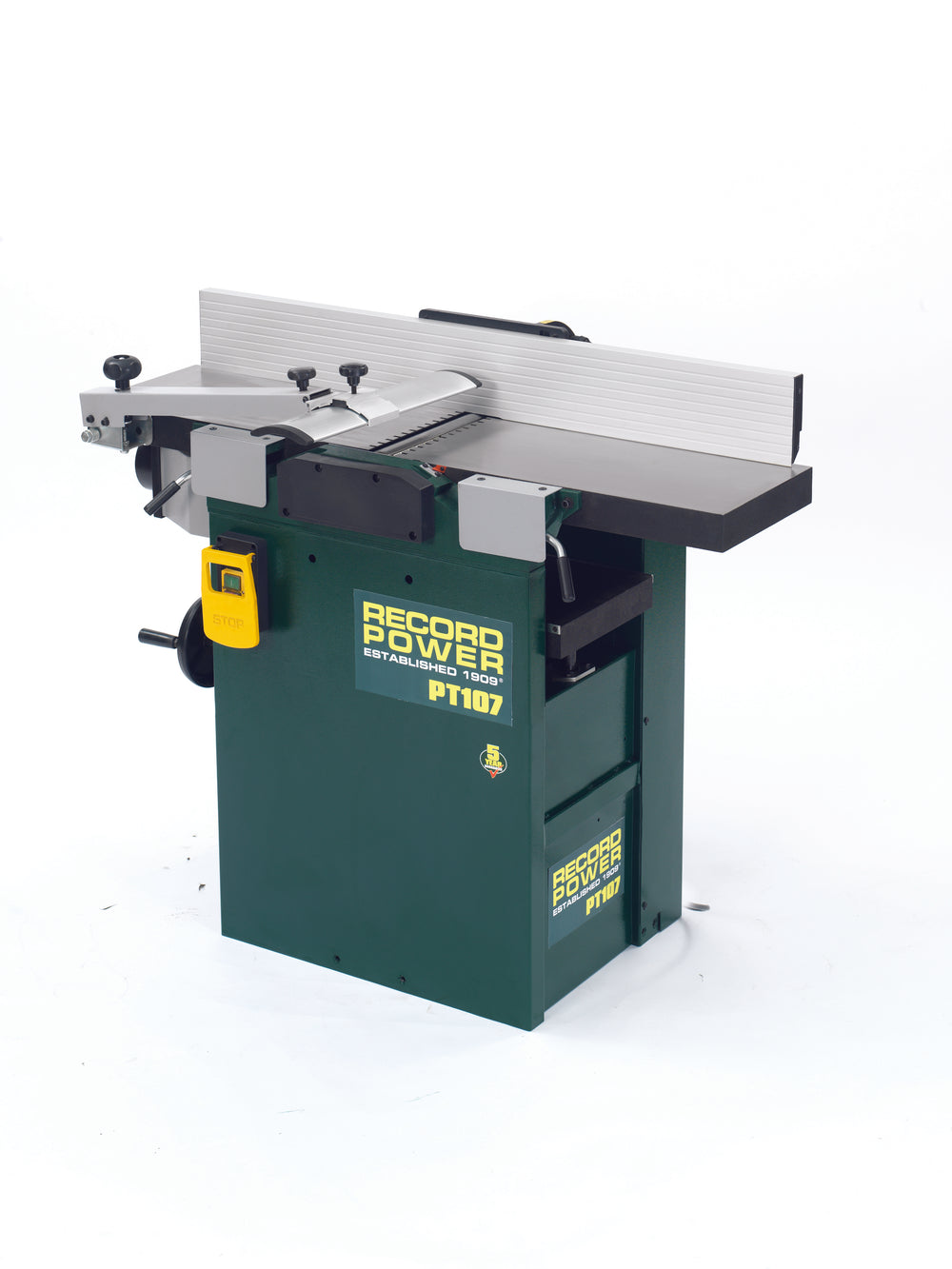 Pialla a filo e spessore Record Power PT107 con albero a spirale, larghezza di lavoro 265 mm, disponibile in versione a 2 file o 4 file per uso professionale.