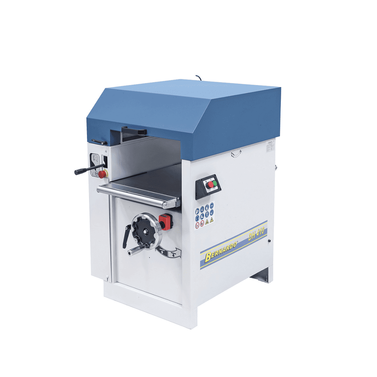 Pialla a spessore Bernardo DH 410 400 V con piano da 410 mm, albero a 4 coltelli HSS, display digitale e tavolo estensibile con rulli integrati per lavorazioni professionali e precise.