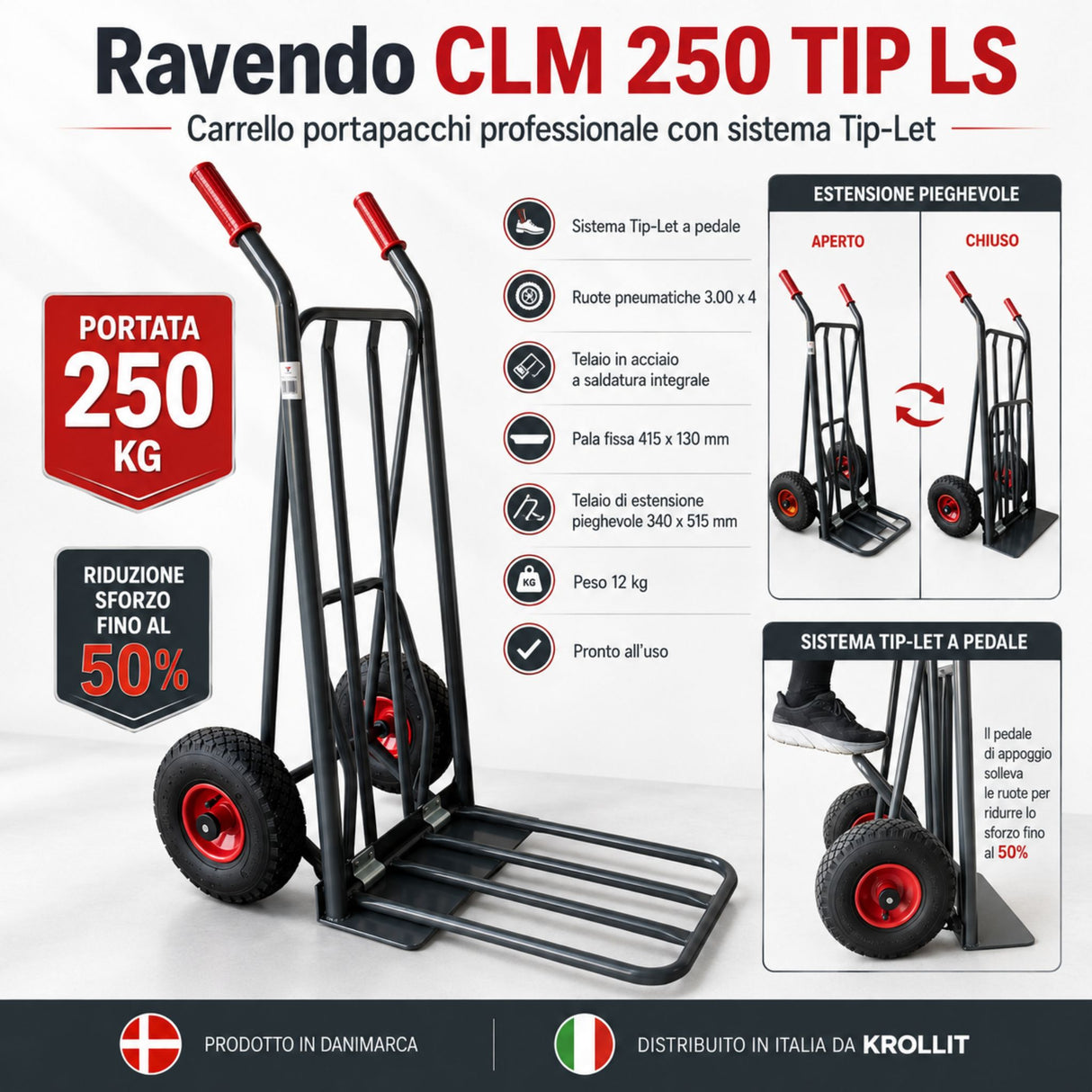 Diable de manutention Ravendo CLM 250 TIP LS – système Tip-Let, capacité 250 kg