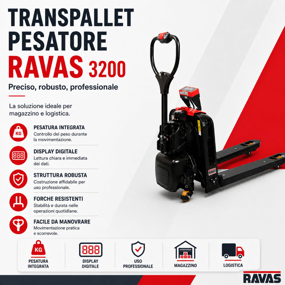 Transpalette électrique pèse-palette RAVAS Ergo Truck-2 – traction électrique, pesée intégrée, Li-ion 24V