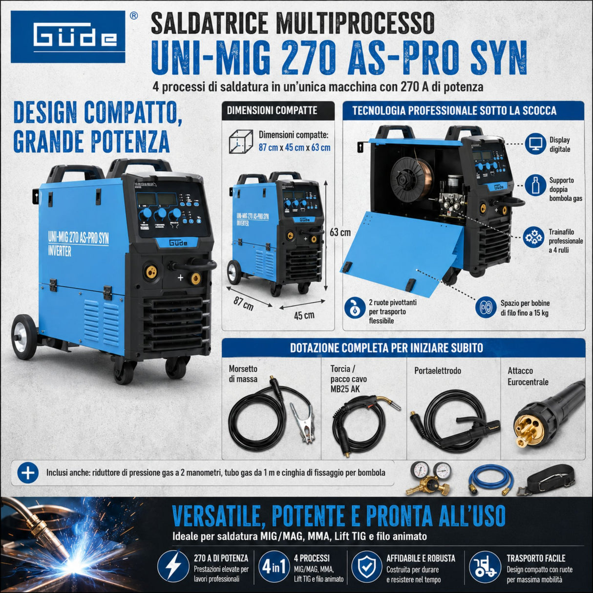 Poste à souder multiprocédé Güde Uni-Mig 270 AS-Pro SYN – onduleur triphasé 400V, MIG/MAG, MMA, fil fourré et TIG