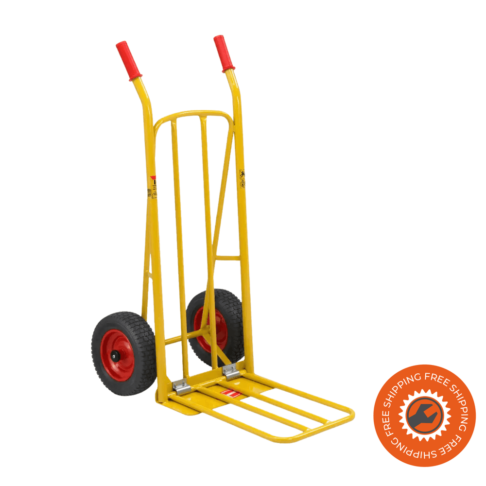 Carrello Ravendo CLM 250 PUR giallo, pieghevole, con ruote PUR anti-foratura e struttura in acciaio per carichi fino a 250 kg.
