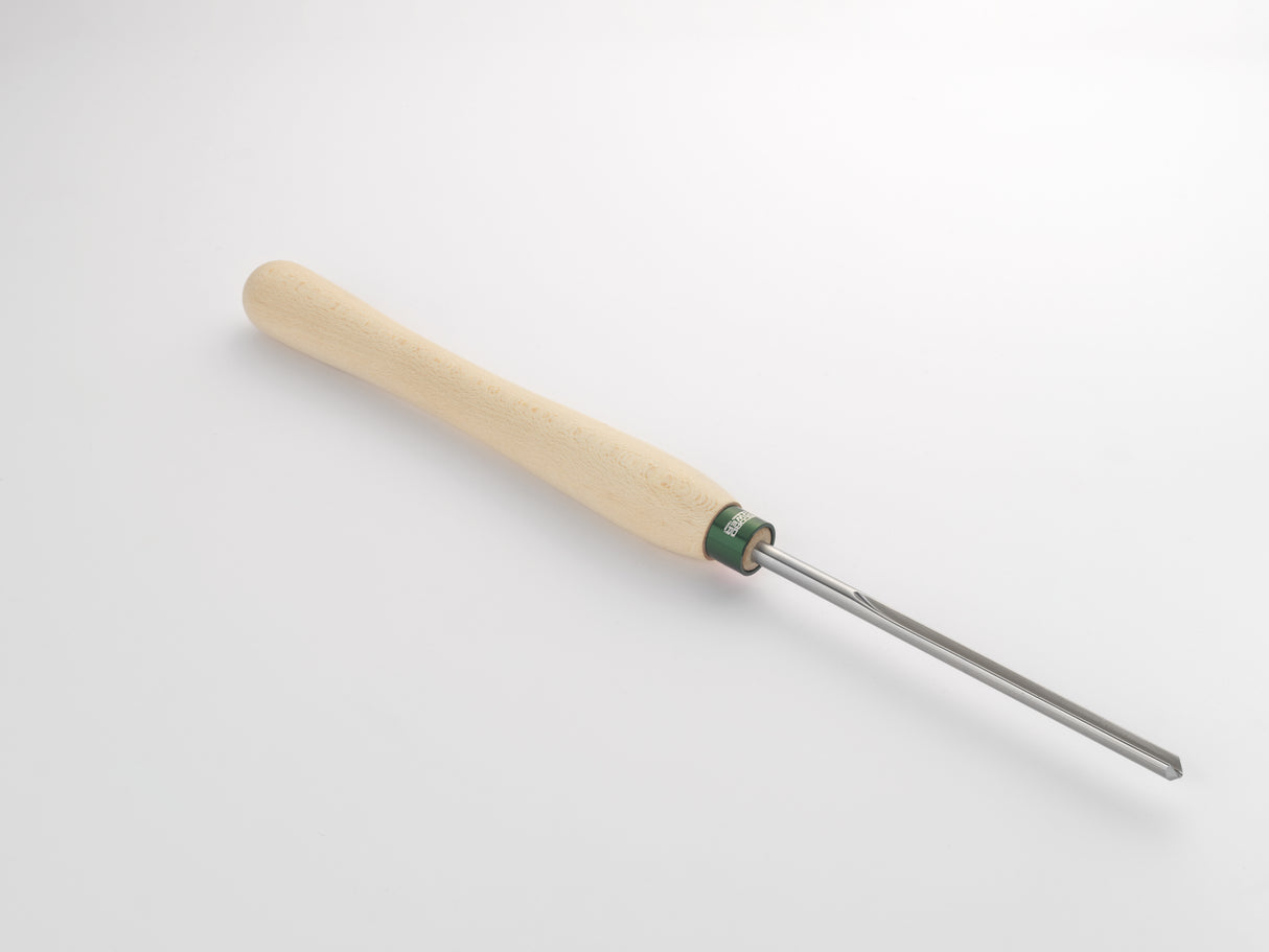 Dettaglio della sgorbia Record Power per ciotole da 6 mm con manico in faggio da 305 mm, ideale per tornitura interna su legno.