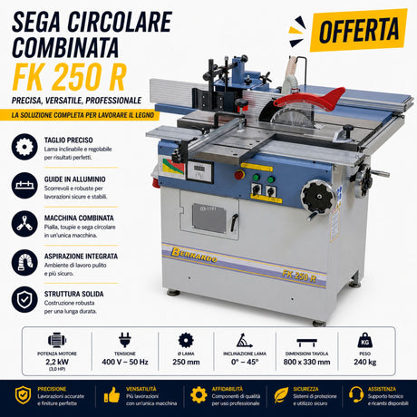 Macchina combinata sega e fresa Bernardo FK 250 R alimentazione 400V, compatta e precisa, ideale per lavorazioni di taglio e fresatura del legno con elevata versatilità.
