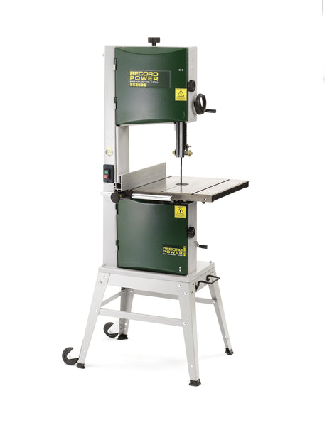 Sega a nastro Premium 350 mm con basamento aperto, piano in ghisa di grandi dimensioni, volani in ghisa bilanciati e guida parallela cromata per tagli precisi nel legno.