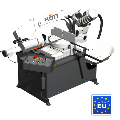 Sega a nastro Flott HBS 250 A con struttura in ghisa, velocità variabile e tavola rotante per tagli da 0° a 60°.