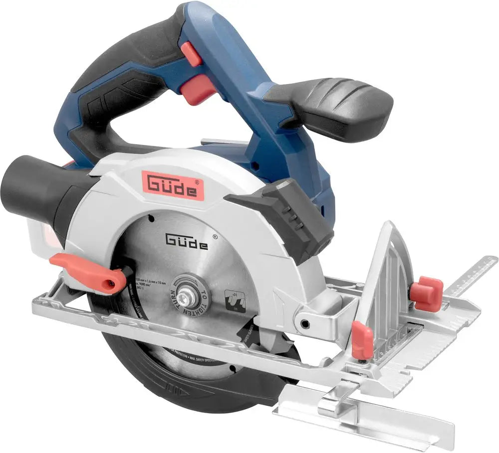 Sega circolare a batteria Guede KS 18-0 con laser integrato, base in alluminio e lama HM Ø150 mm, perfetta per tagli precisi su legno e pannelli.