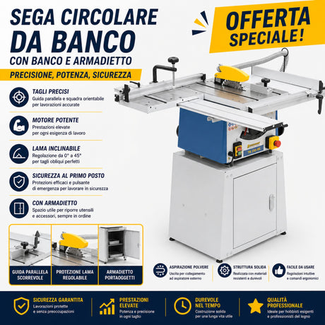 Sega da banco Bernardo TK 200 RSN con basamento chiuso, ideale per tagli precisi su legno e pannelli con maggiore stabilità e supporto durante le lavorazioni.