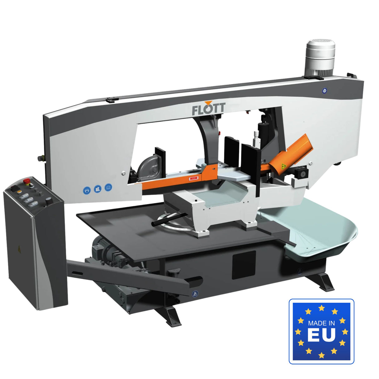 Segatrice a nastro orizzontale Flott HBS 350 HA per metallo, con motore da 3 kW, inverter, ciclo idraulico e taglio a mitra fino a 60°.