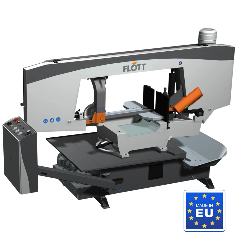 Segatrice a nastro orizzontale Flott HBS 450 HA per metallo, semiautomatica con motore da 3 kW, inverter e taglio a mitra fino a 60°.