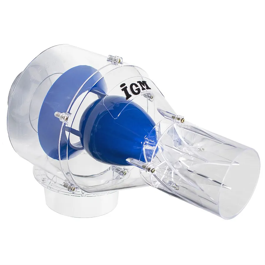 Vista frontale del separatore ciclonico STO-P100, con design compatto a lama “bullet blu” e attacchi Ø 100 mm per collegamento diretto ai sistemi di aspirazione.