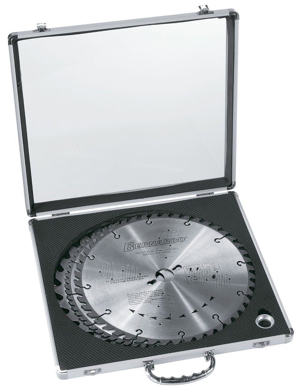  Set professionale da 3 lame per sega circolare con dentature differenziate, Ø250 mm, in valigetta rigida in alluminio, ideale per tagli grezzi, precisi e di finitura.