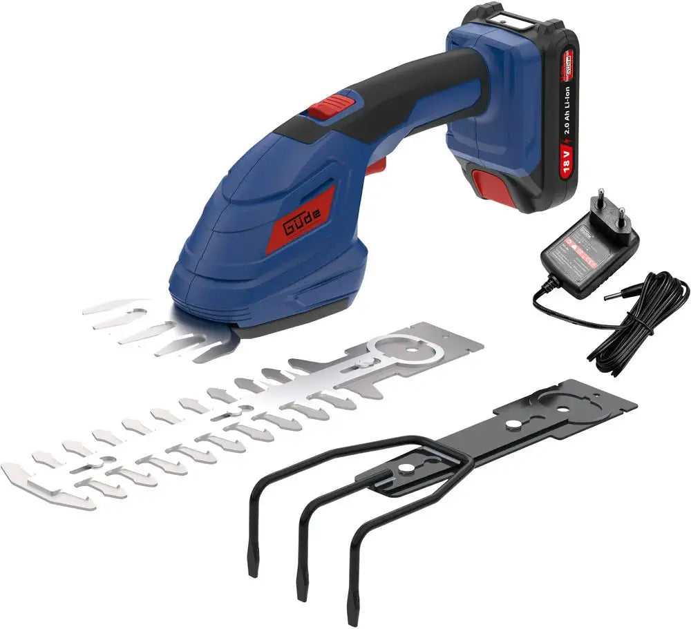 Set Guede GPS 18-201-05 con lame intercambiabili per erba, siepi e rastrello, batteria 18V e impugnatura ergonomica.