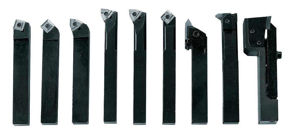 Set utensili da tornitura Bernardo 12 mm composto da 9 utensili in acciaio con inserti in metallo duro, forniti in elegante cassetta di legno.