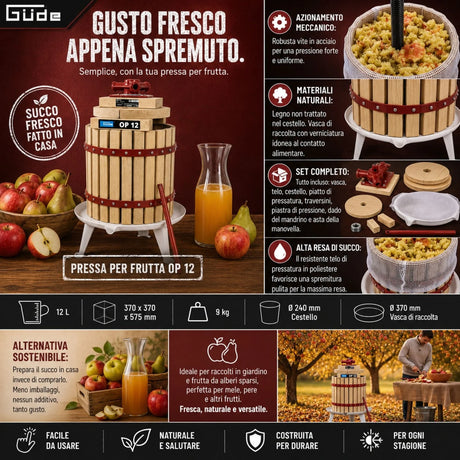 Torchio manuale per frutta Güde OP 12 in legno naturale non trattato, con cestello pressa da 12 litri, mandrino in acciaio robusto con asta manovella lunga e bacinella di raccolta con piedini. Ideale per produttori di frutta, agriturismi e caseifici semi-professionali.
