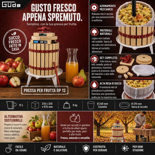Torchio manuale per frutta Güde OP 12 in legno naturale non trattato, con cestello pressa da 12 litri, mandrino in acciaio robusto con asta manovella lunga e bacinella di raccolta con piedini. Ideale per produttori di frutta, agriturismi e caseifici semi-professionali.