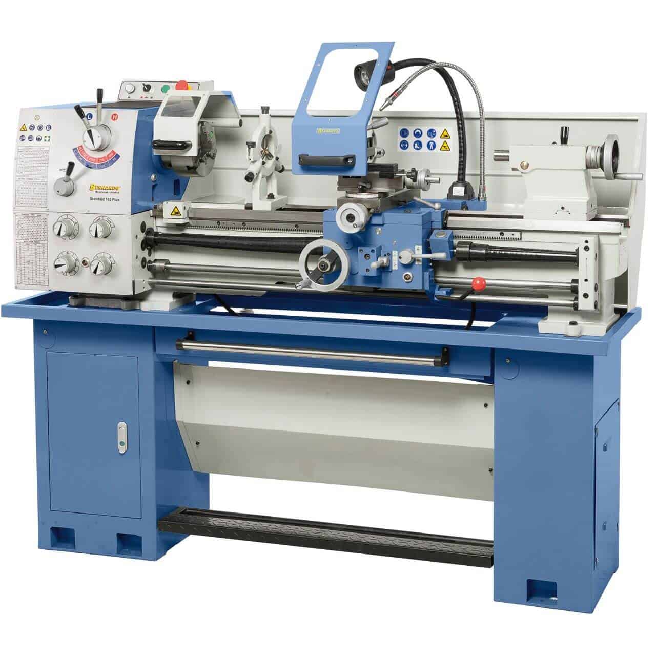 Tornio Bernardo Standard 165 Plus con Ø banco 350 mm, incavo 220 mm e dotazione completa (mandrini, lunette, refrigerante, protezioni CE).