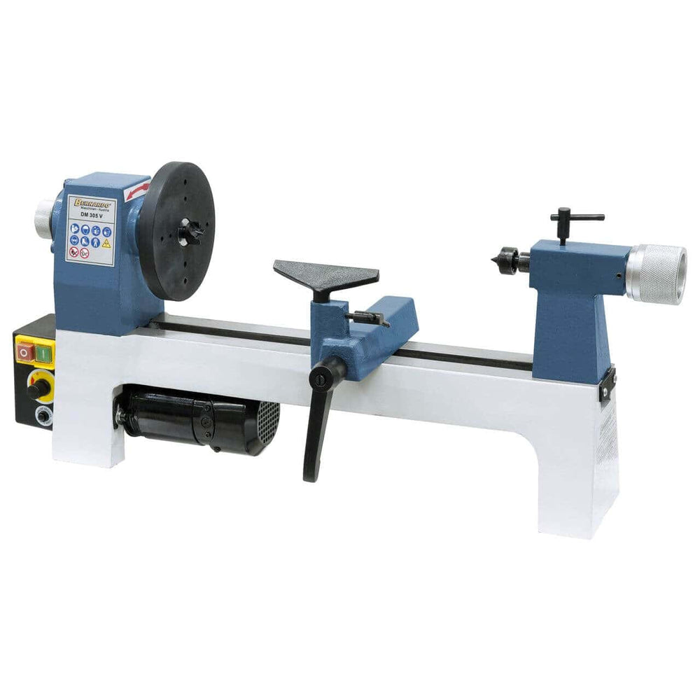 Tornio per legno DM 305 V con struttura in ghisa, regolazione elettronica continua e accessori inclusi per lavorazioni precise e fluide.