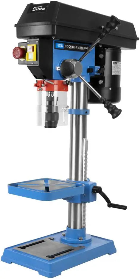 Trapano da banco Guede GTB 16/605 da 600W con trasmissione a cinghia, tavolo inclinabile ±45° e mandrino autoserrante per forature precise su metallo e legno.