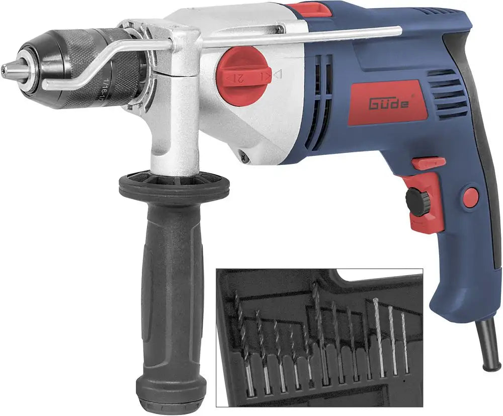 Trapano a percussione Guede SBM 1050 E da 1050 W con doppia velocità, mandrino autoserrante in metallo, set di punte e valigetta rigida.