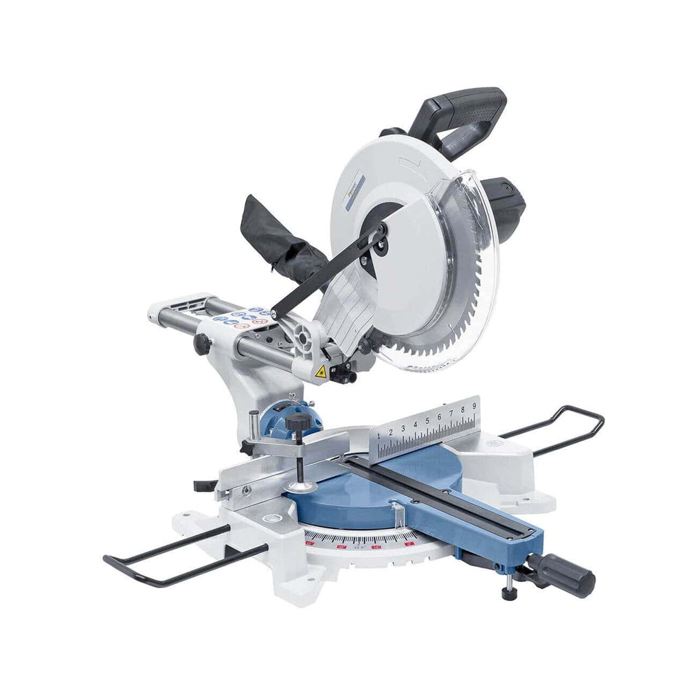 Vista laterale della troncatrice radiale ZKG 305 S con lama da 305 mm, estensioni tavolo laterali e sistema laser integrato.