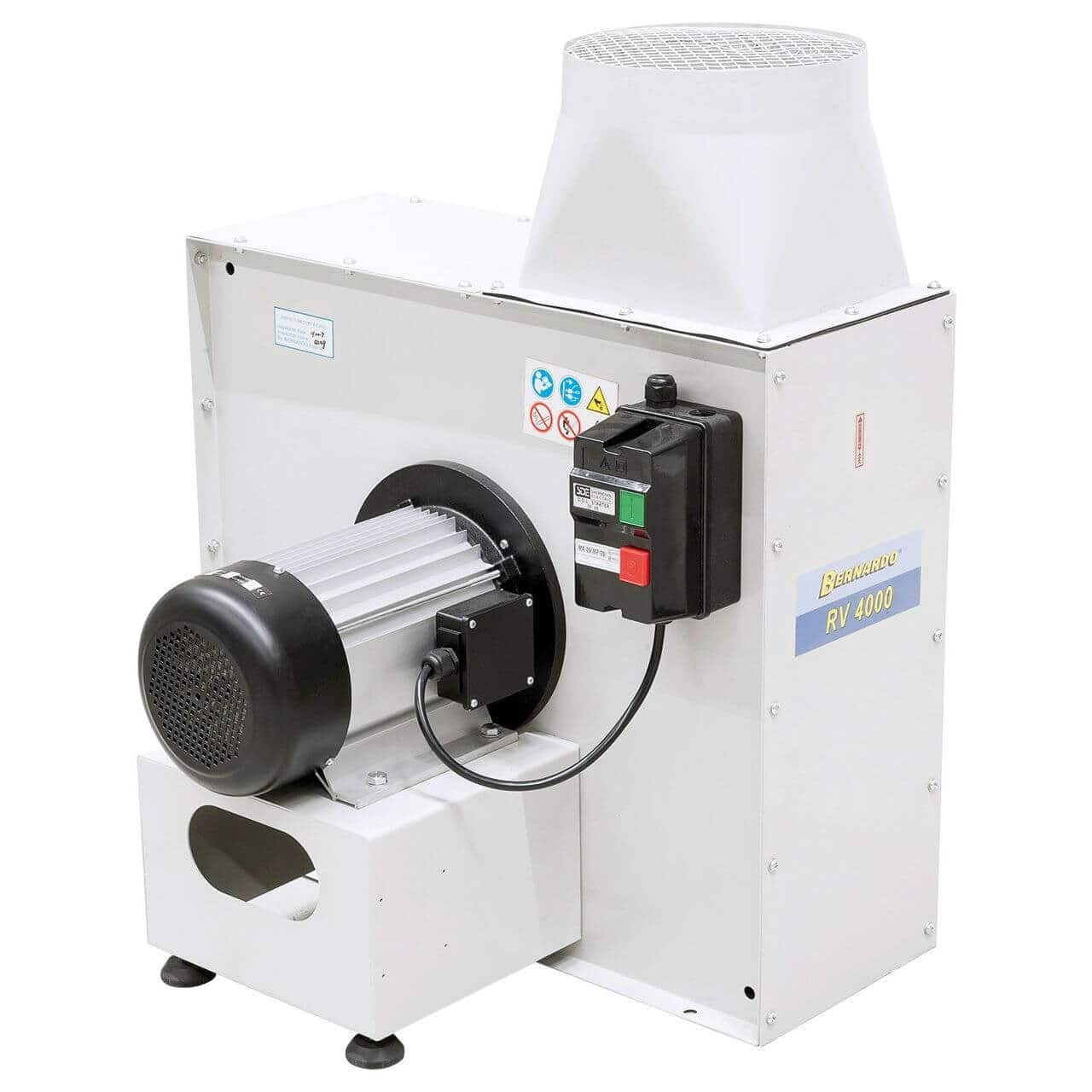 Ventilatore centrifugo Bernardo RV 4000 con portata da 6500 m³/h, girante bilanciata in acciaio e struttura robusta verniciata a polvere, ideale per impianti di aspirazione industriale.