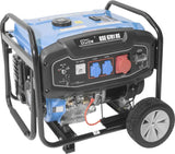 Generatore di corrente Güde Generator GSE 6701 RS con motore OHV 4 tempi, avviamento elettrico o a strappo, ruote trolley e pannello prese frontale.
