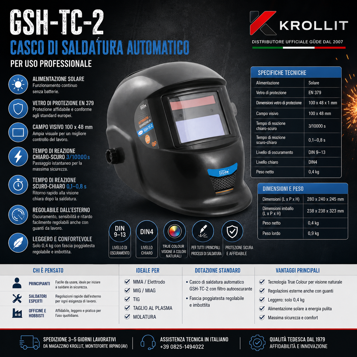Casco di saldatura automatico Güde GSH-TC-2 con filtro autooscurante DIN 9-13