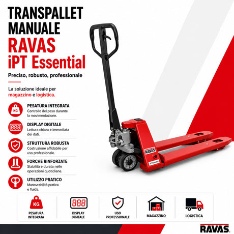Transpallet pesapallet RAVAS iPT Essential vista frontale, portata 2.000 kg, tecnologia RedBox