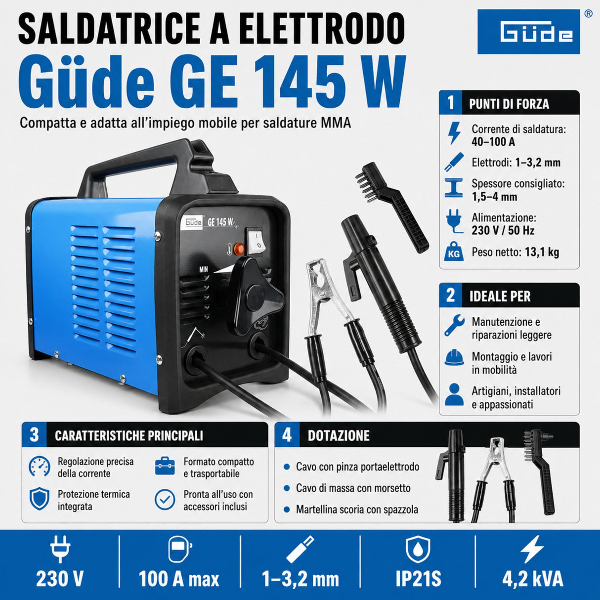 Saldatrice a elettrodo Güde GE 145 W, inverter MMA portatile monofase 230V