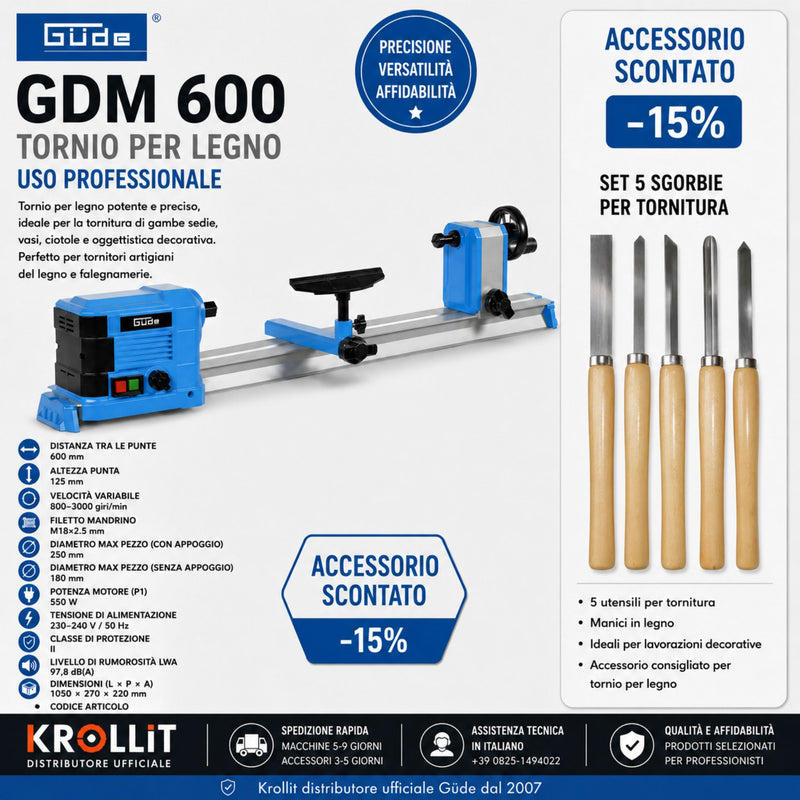 Combo tour à bois Güde GDM 600 + Jeu de 5 outils de tournage