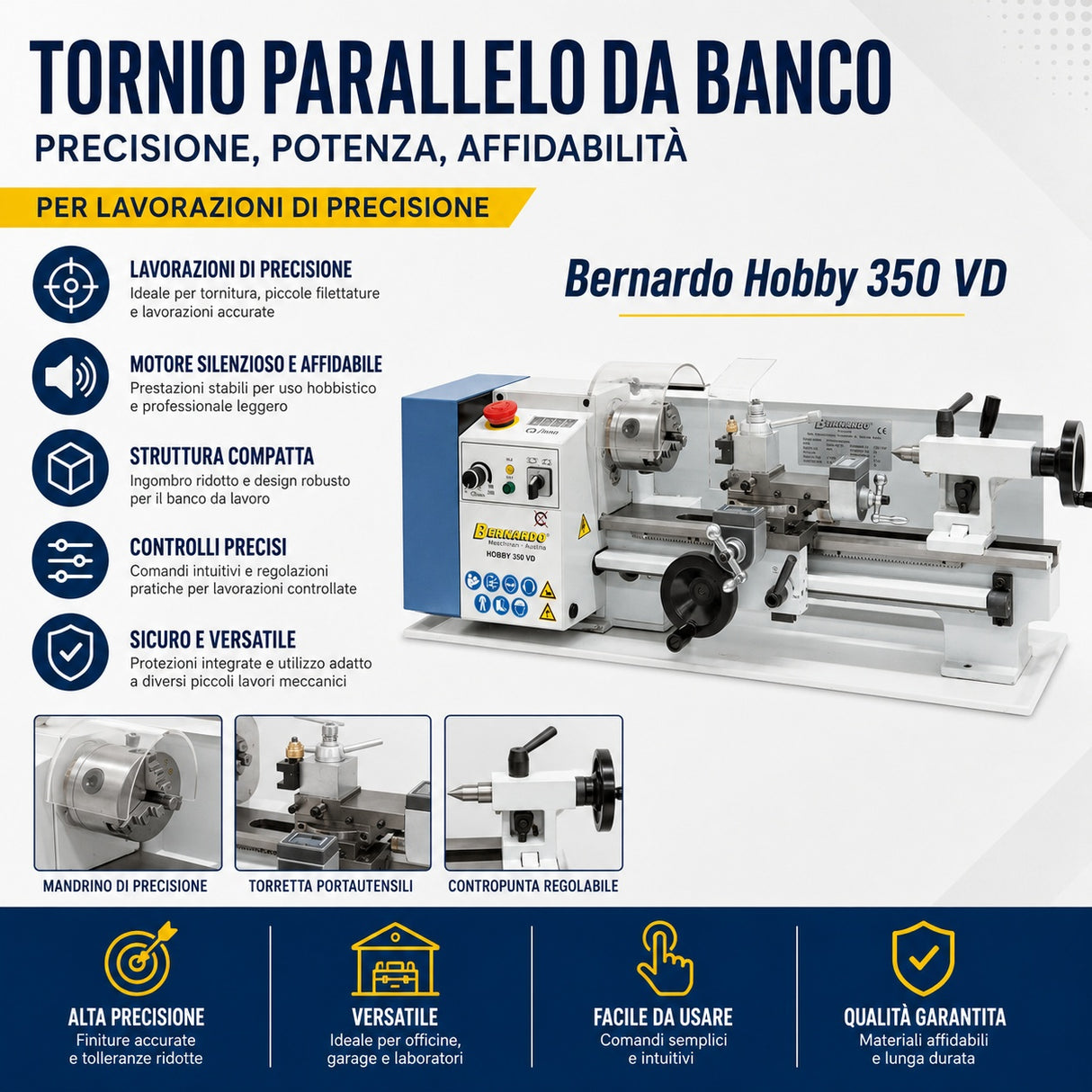 Tour à métaux Bernardo Hobby 350 VD – distance entre pointes 350 mm, affichage numérique de la vitesse + chariot, avances automatiques, moteur 0,35 kW, 230 V monophasé, poids 44 kg