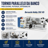 Tour à métaux Bernardo Hobby 350 VD – distance entre pointes 350 mm, affichage numérique de la vitesse + chariot, avances automatiques, moteur 0,35 kW, 230 V monophasé, poids 44 kg