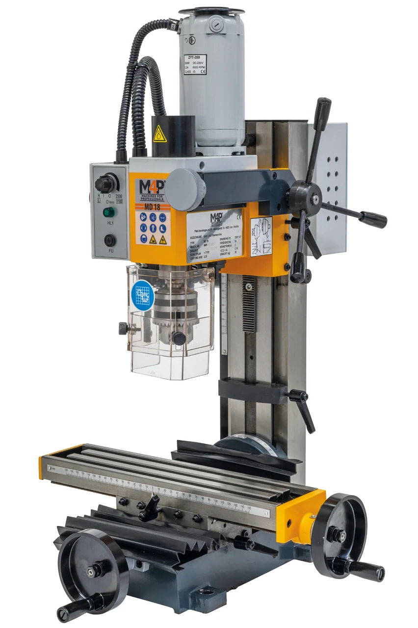 Trapano-fresatrice M4P MD 18 / 230 V, vista laterale destra con leva a stella e volantini della tavola